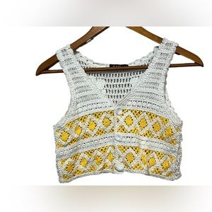 Julia By Love J Crotchet Yellow  White Crop Vest French Style Boho CottageCore S